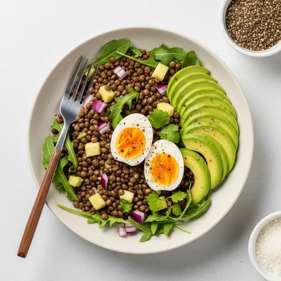 Assiette à charge glycémique basse : lentilles, œuf mollet, avocat et roquette